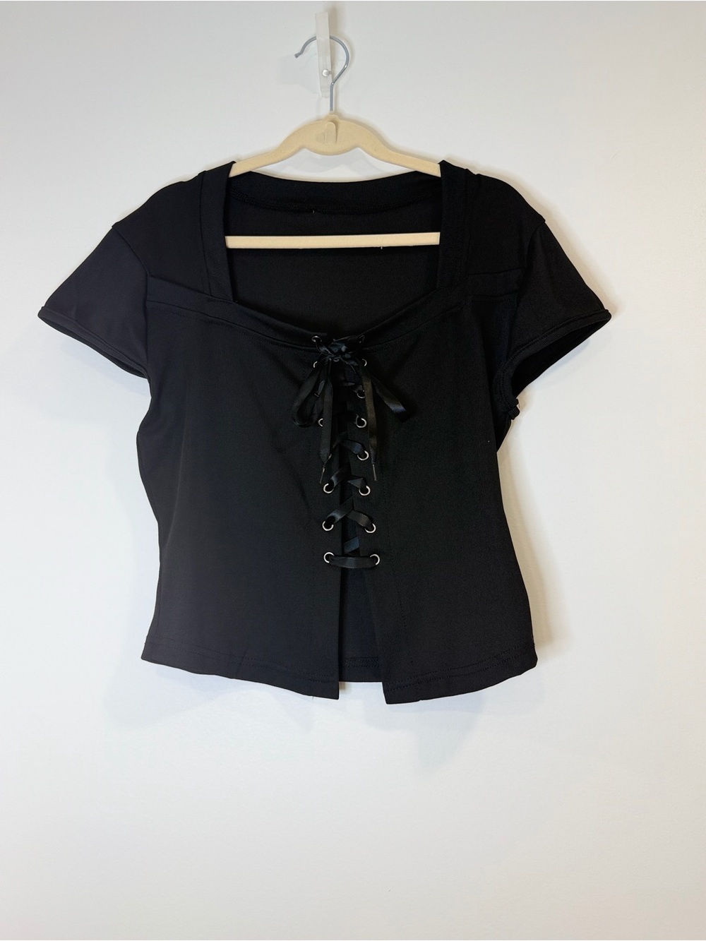 Black Lace-Up Short Sleeve Top - Picture 2 of 3